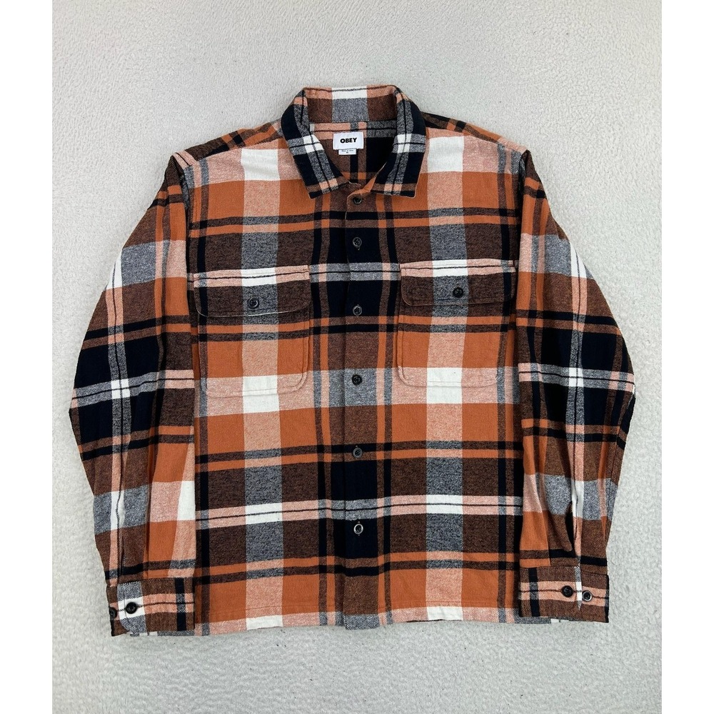 Obey Shirt Men's XL Orange Plaid Flannel Button Up Long Sleeve Cotton Casual